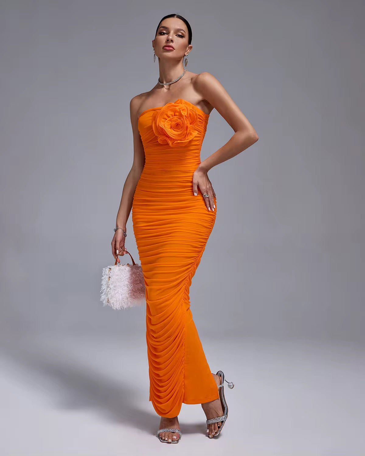 Chic Orange Ribbed Bodycon Dress with Modern Silhouette