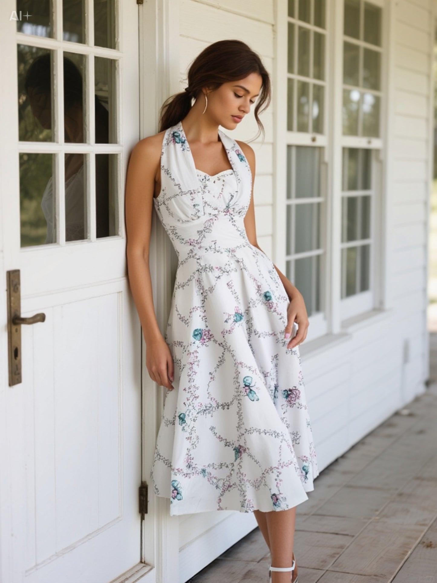 Romantic Floral Halter Dress with Full Skirt