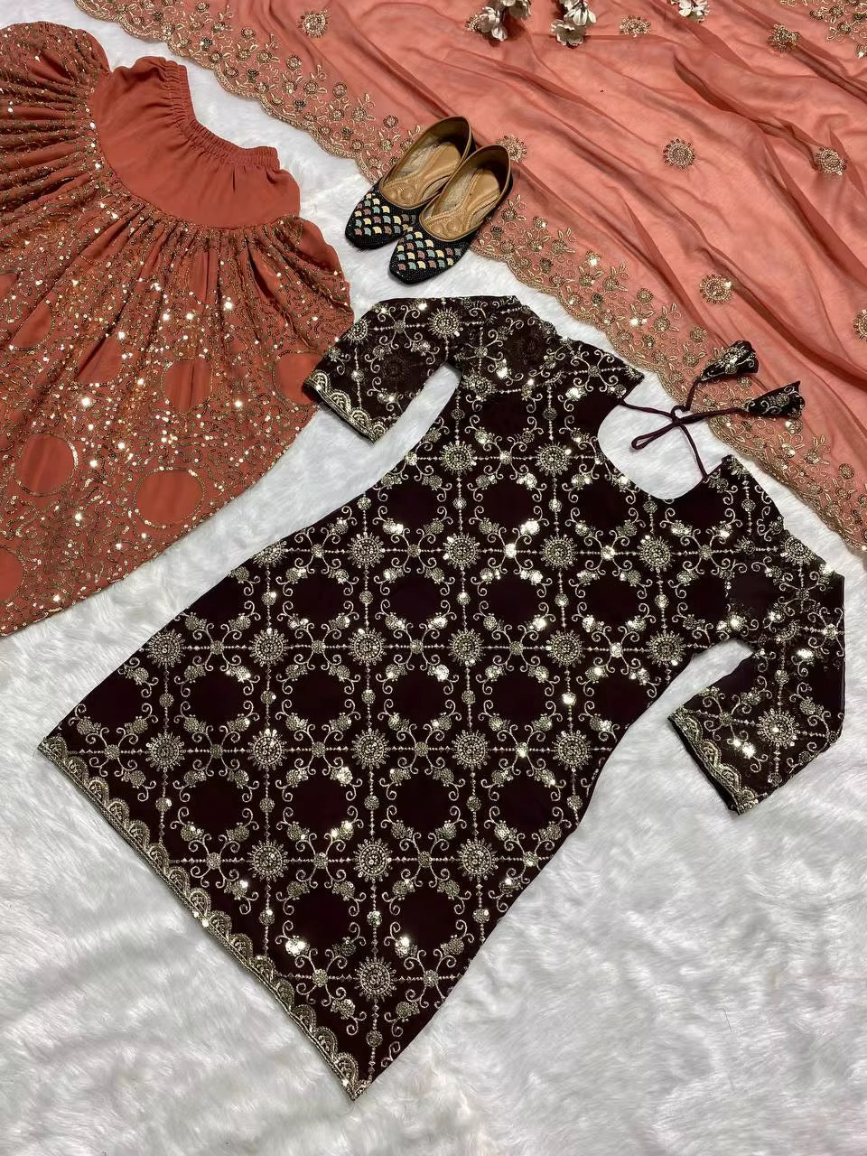 Heavy Embroidered Bollywood Salwar Kameez - Brown