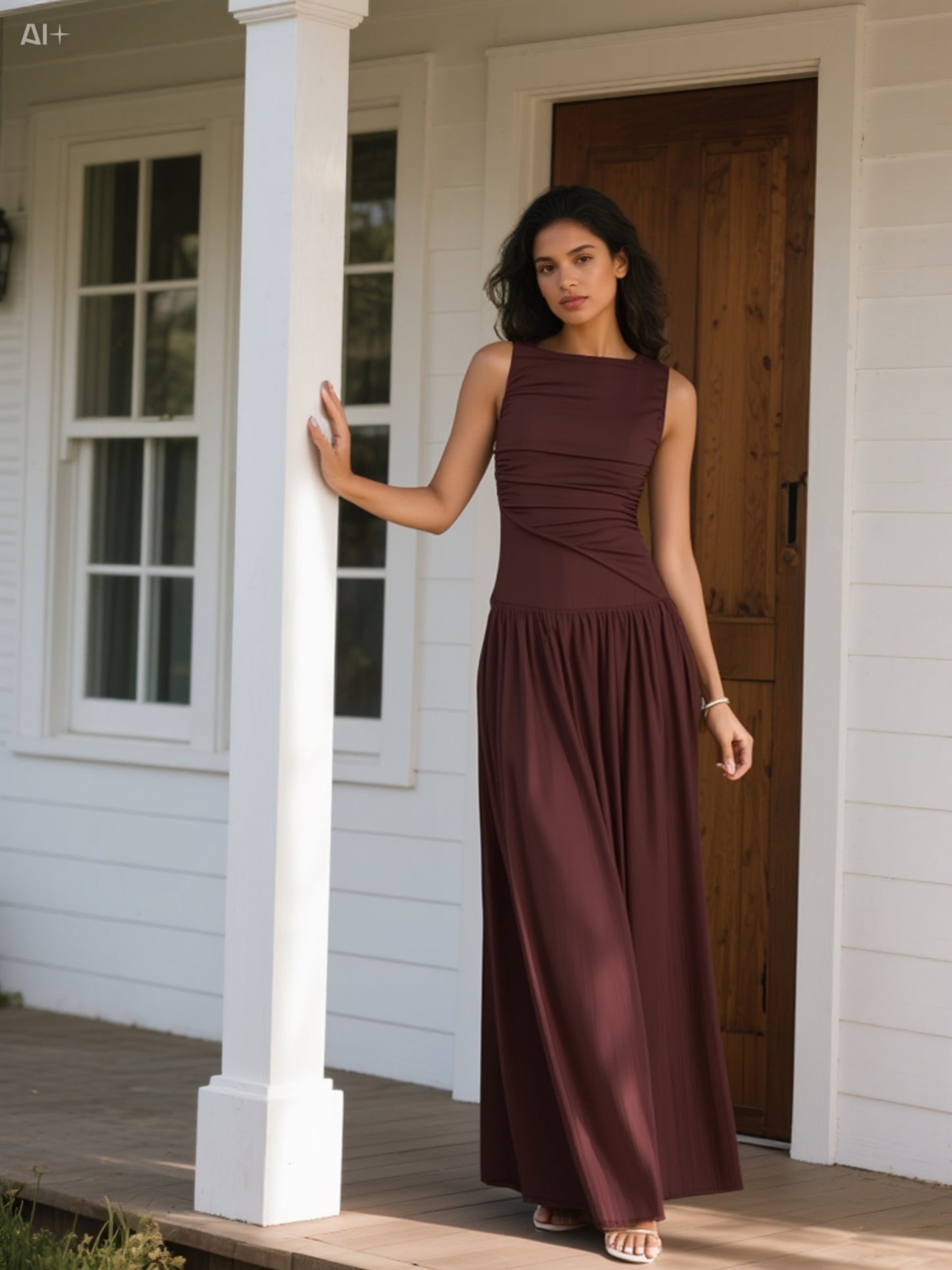 Elegant Brown Maxi Dress with Sophisticated Waist Draping