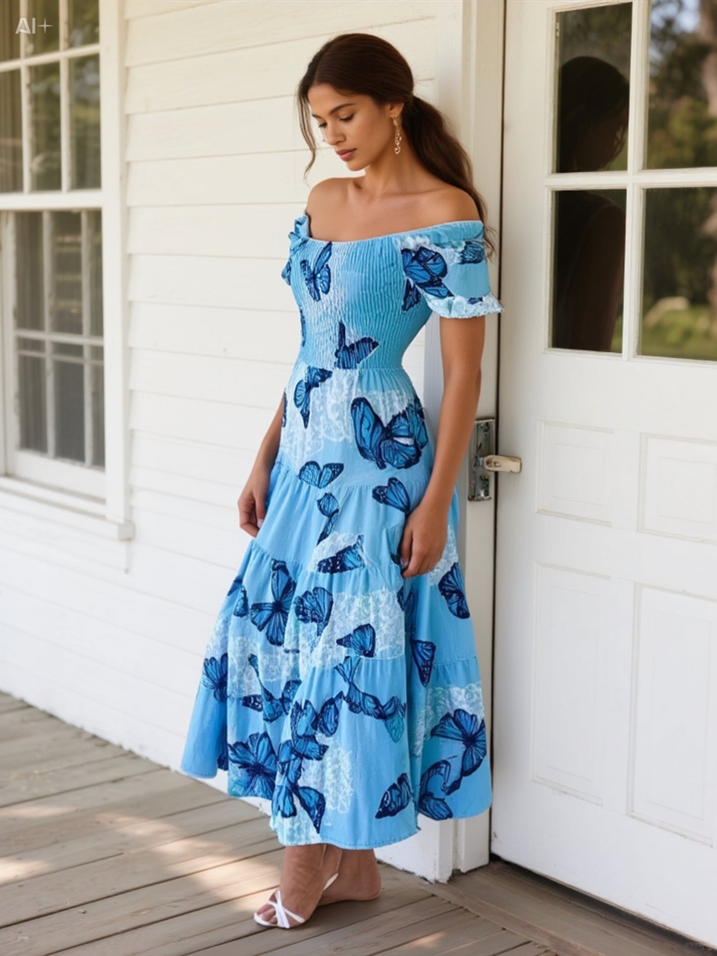 Romantic Blue Butterfly Smocked Maxi Dress