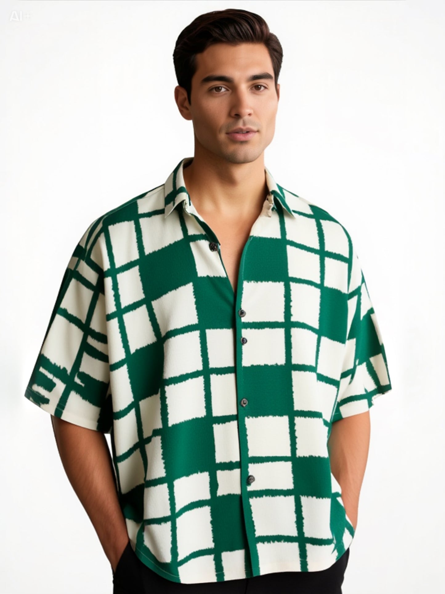 Oversized Check Shirt in Forest Green & Cream