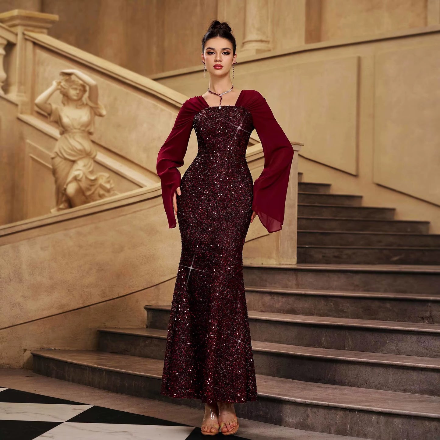 Elegant Burgundy Sequin Mermaid Evening Gown - Vintage Party Dress
