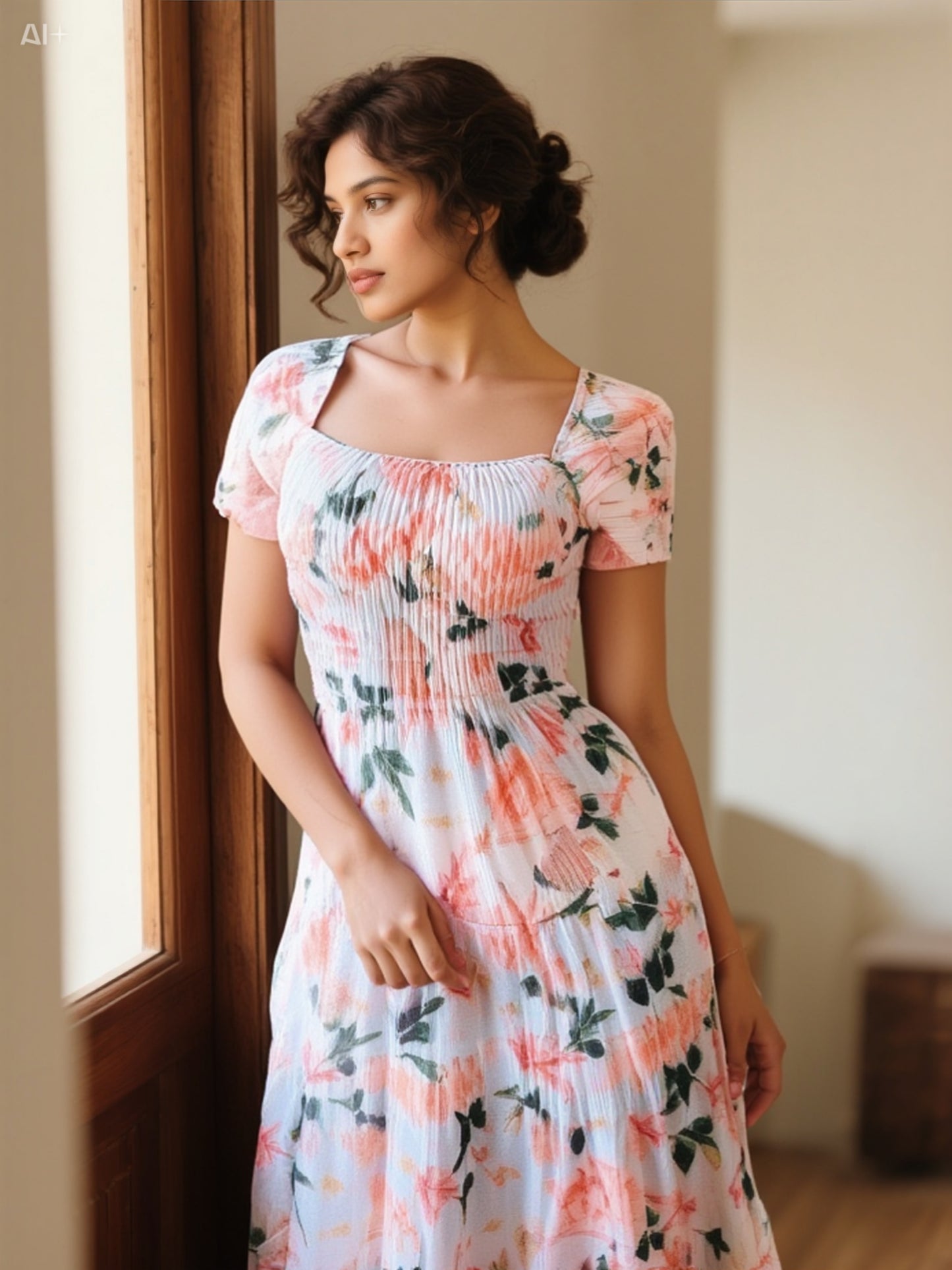 Romantic Floral Smocked Maxi Dress with Puff Sleeves