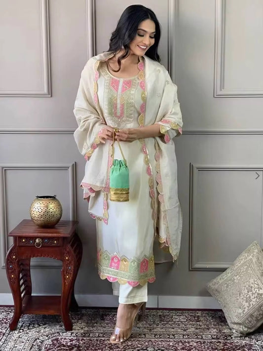 Vintage Silk Salwar Kameez Summer Dress - White