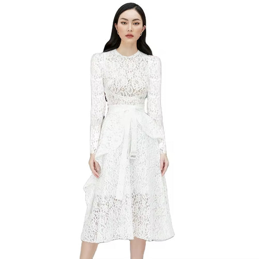 Long Sleeve Maxi Dress - Embroidered Lace Detail