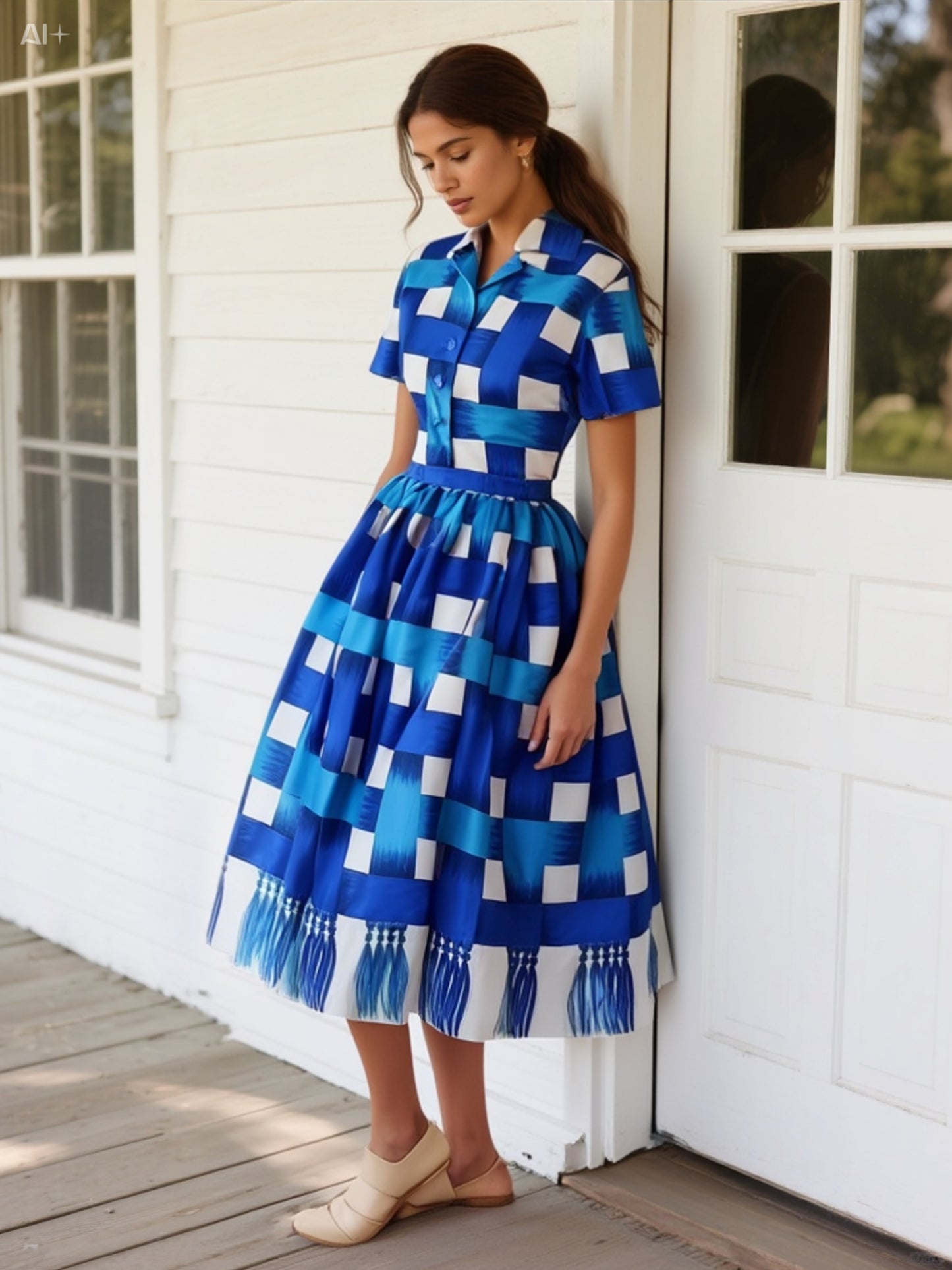 Vintage Blue Checkered Dress with Full Circle Skirt