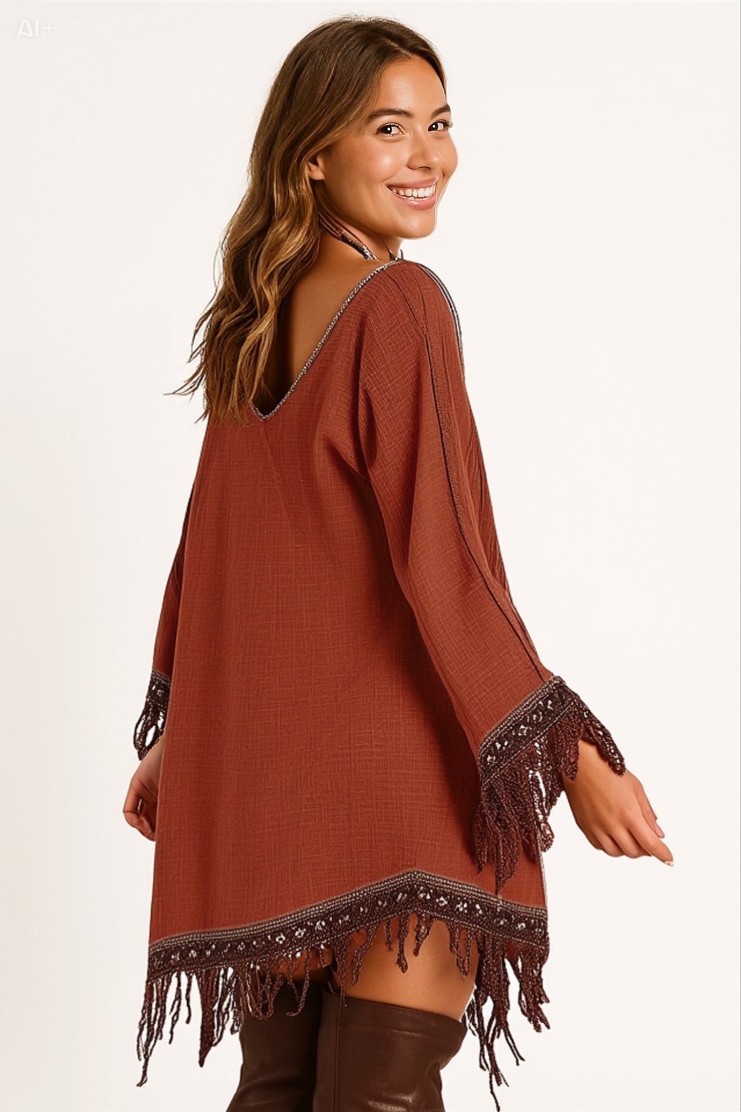 Elegant Boho Lace Dress with Tassel Hem and Embroidered Detail