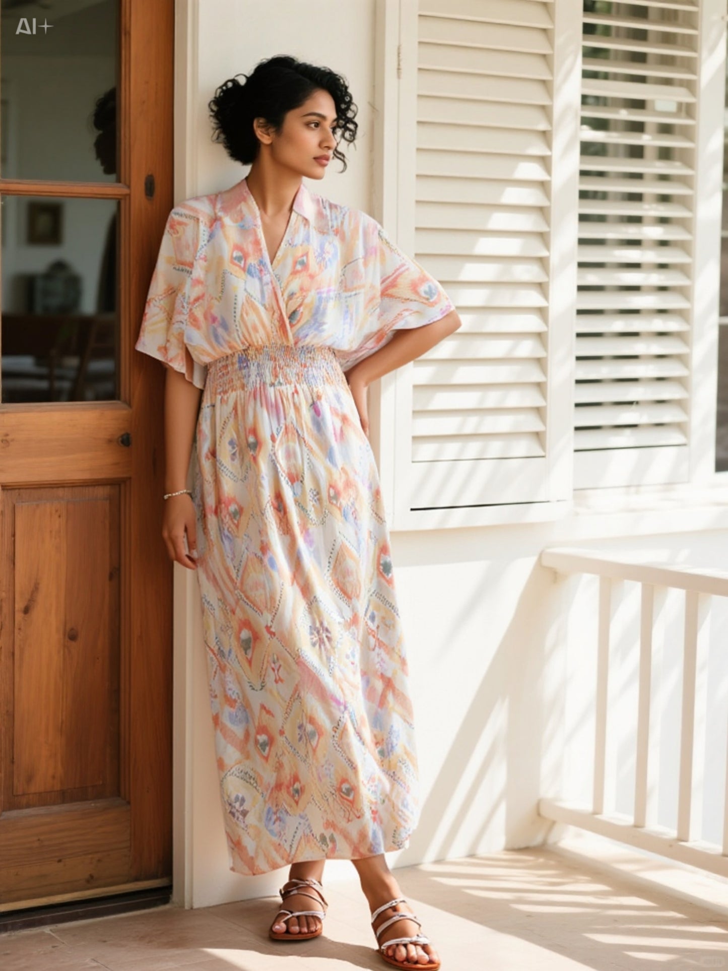 Bohemian Geometric Print Maxi Dress with Kimono Sleeves