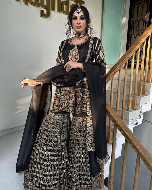 Premium Black Embroidered Sharara Set - Bollywood Velvet Party Wear