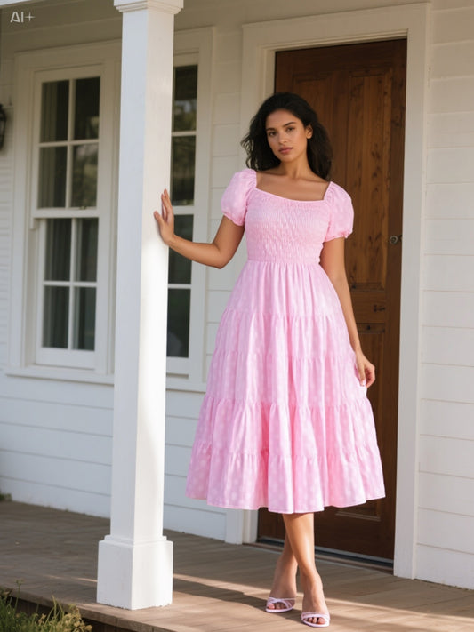 Elegant Pink Smocked Midi Dress with Puff Sleeves