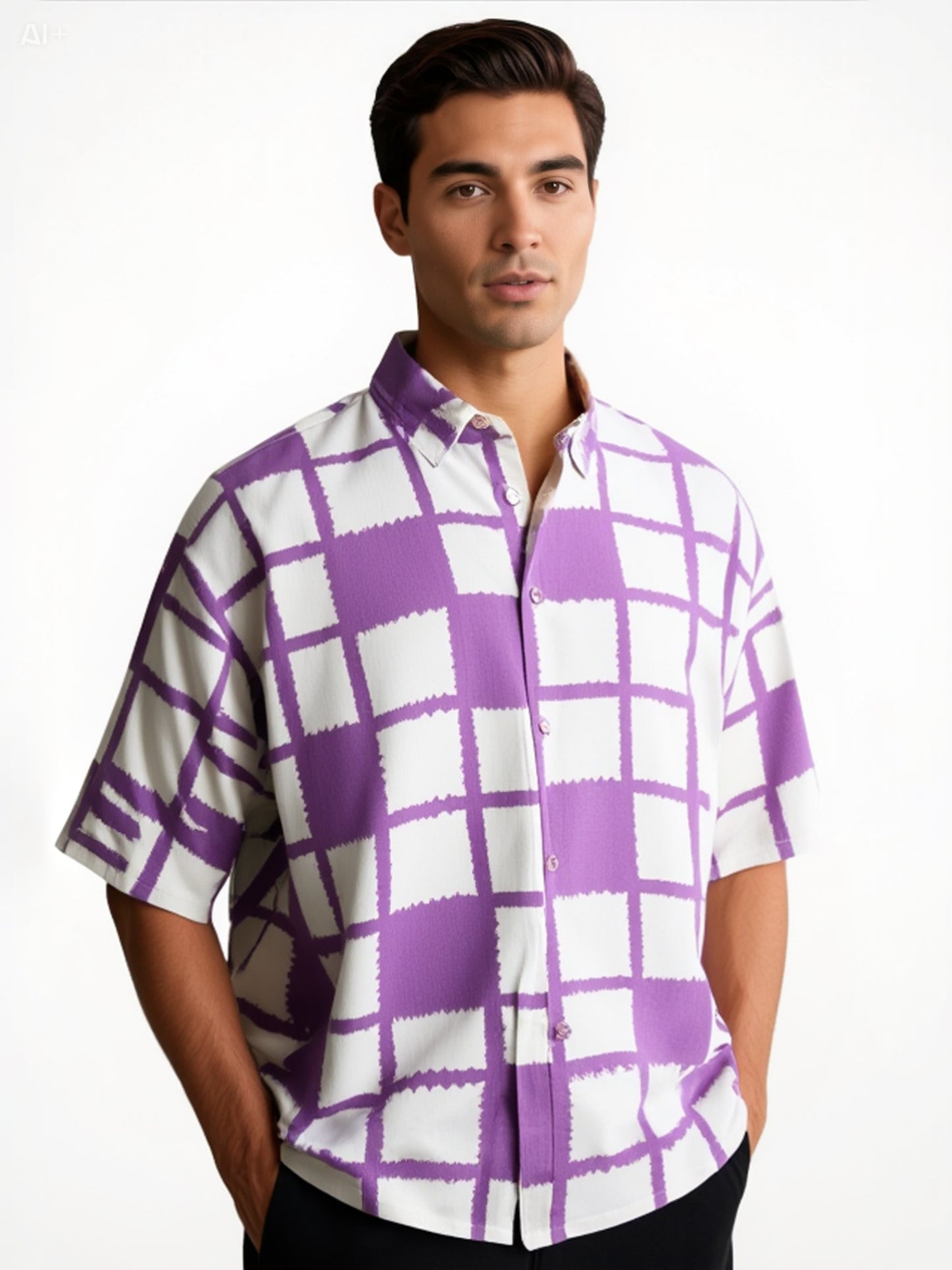 Oversized Check Shirt in Purple & Cream