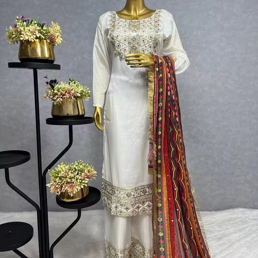 Designer Chinon Silk Embroidered Dress - White