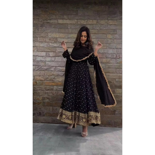 Elegant Black Party Wear Gown with Thread and Sequin Work - 3 Piece Set