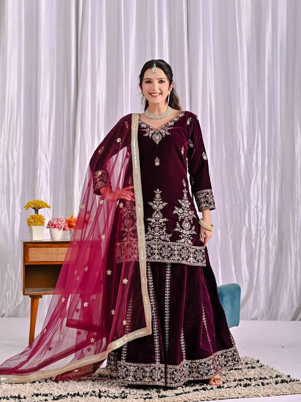 Embossed Velvet Sharara Suit Set