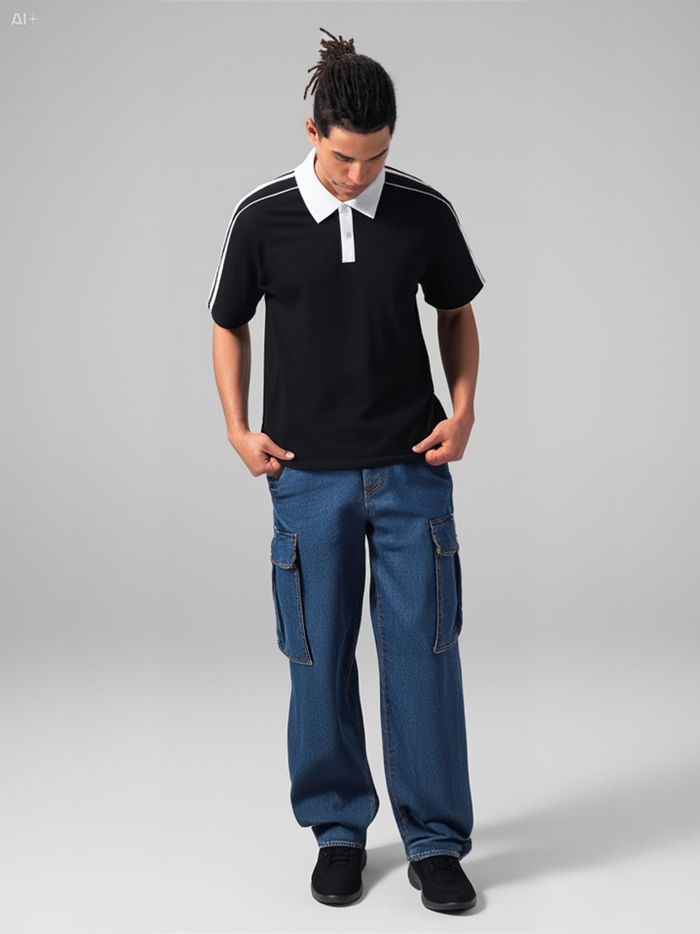 Premium Sporty Polo Shirt with Contrast Collar - Black