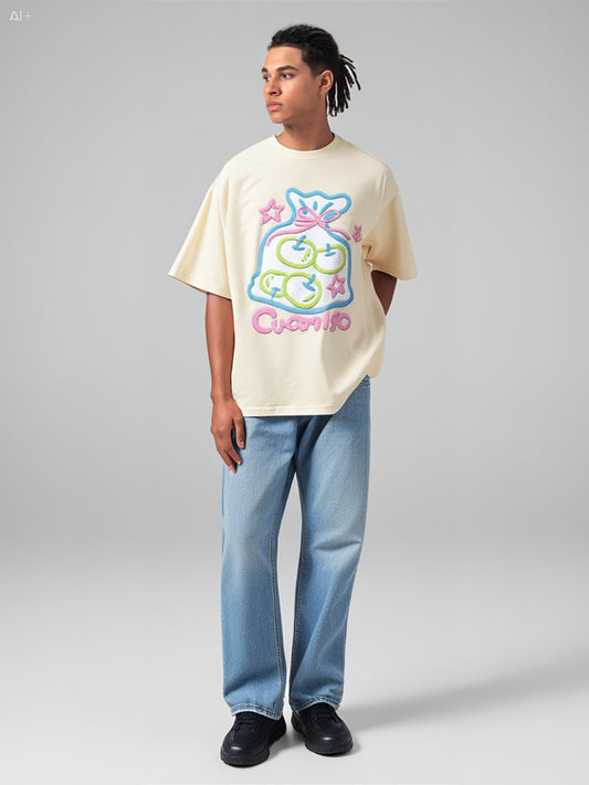 Premium Embroidered Cartoon T-Shirt - 100% Cotton Casual Oversized Fit