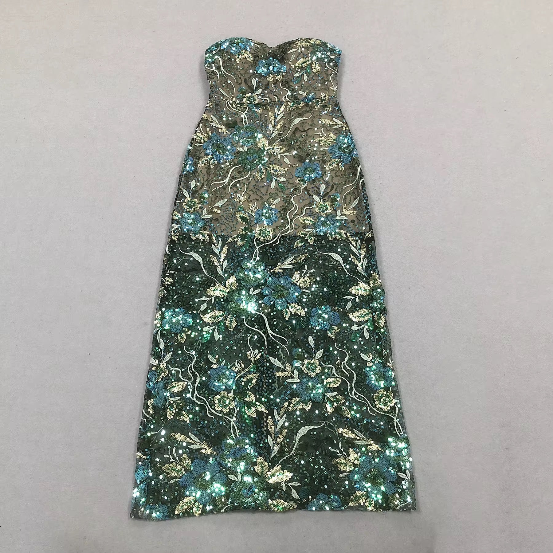 Green Floral Sequin Embroidery Maxi Evening Dress - Strapless Formal Gown