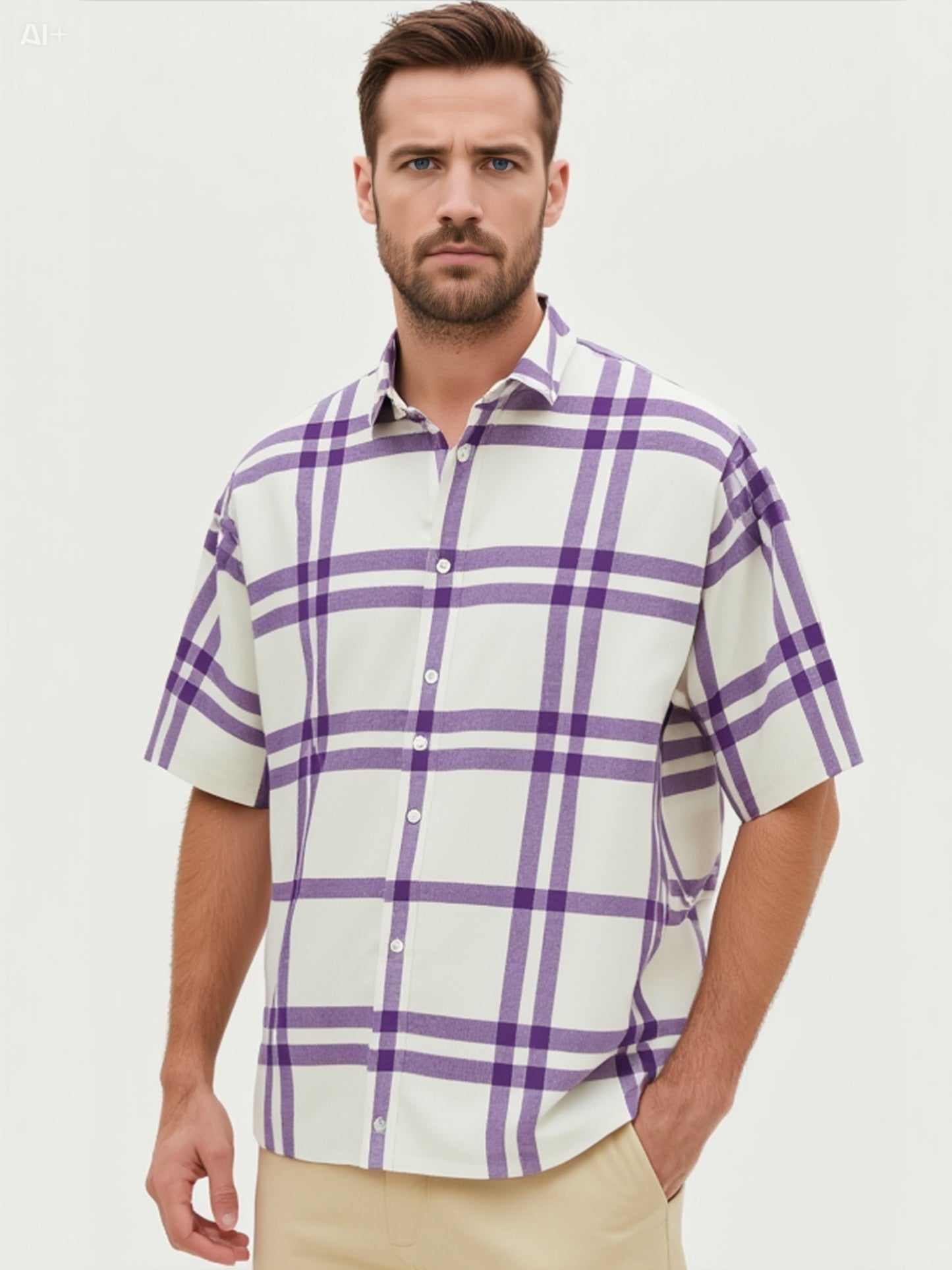 Oversized Purple Check Shirt - Boxy Fit Short Sleeve