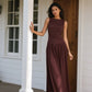 Elegant Brown Maxi Dress with Sophisticated Waist Draping