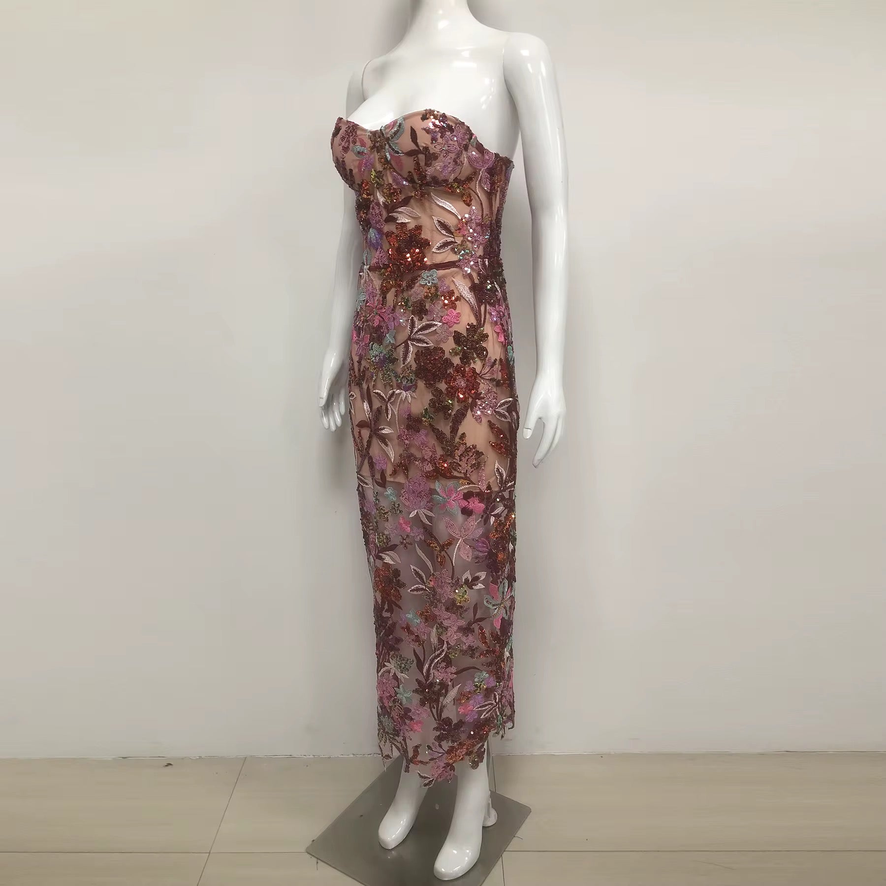 Luxe Floral Sequin Evening Dress - Embroidered Strapless Gown