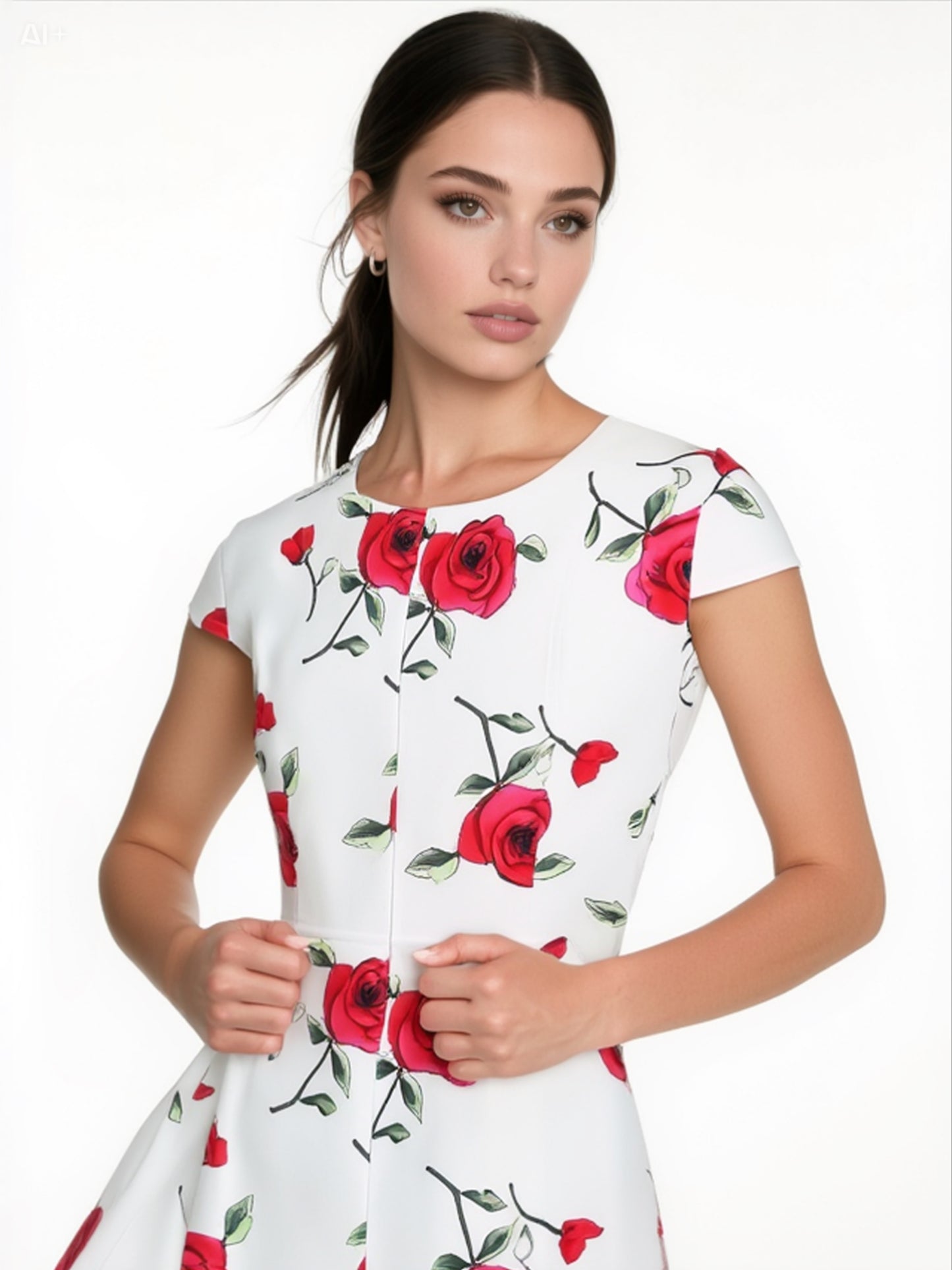 Romantic White Dress with Red Rose Print