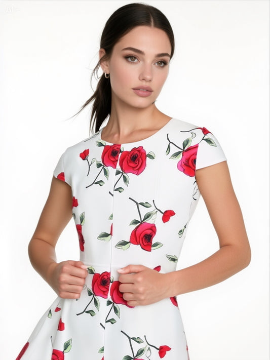 Romantic White Dress with Red Rose Print