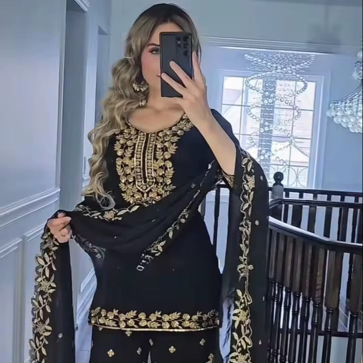 Punjabi Dhoti Salwar with Heavy Embroidery - Black