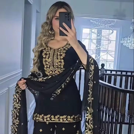 Punjabi Dhoti Salwar with Heavy Embroidery - Black