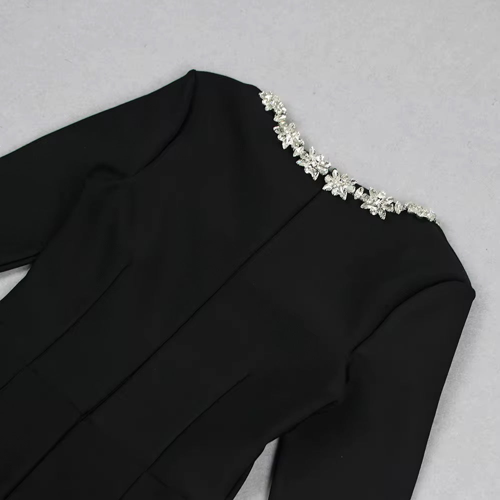Elegant Rhinestone Beaded Jumpsuit - Long Sleeve Square Collar