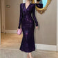 Women's Striped Sequined Mermaid Party Gown - Elegant V-Neck Long Sleeve Evening Dress