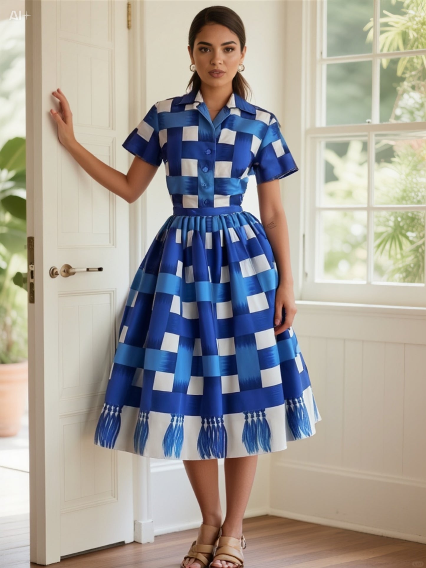 Vintage Blue Checkered Dress with Full Circle Skirt