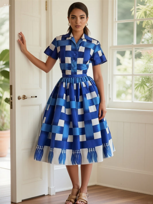Vintage Blue Checkered Dress with Full Circle Skirt