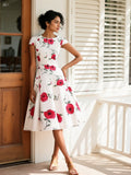 Romantic White Dress with Red Rose Print