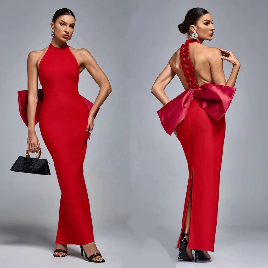 Backless 3D Bow Halter Evening Dress - Sexy Maxi Gown