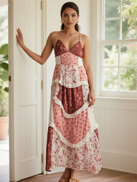 Romantic Patchwork Maxi Dress with Sequin and Floral Details