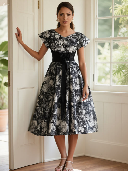 Elegant Black and White Floral Fit-and-Flare Dress