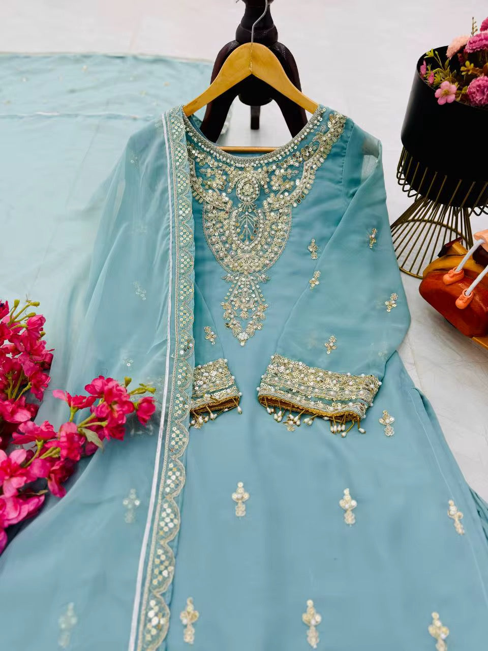 Bollywood Salwar Kameez with Heavy Embroidery - Sky Blue