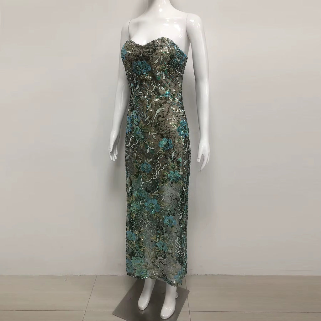Green Floral Sequin Embroidery Maxi Evening Dress - Strapless Formal Gown