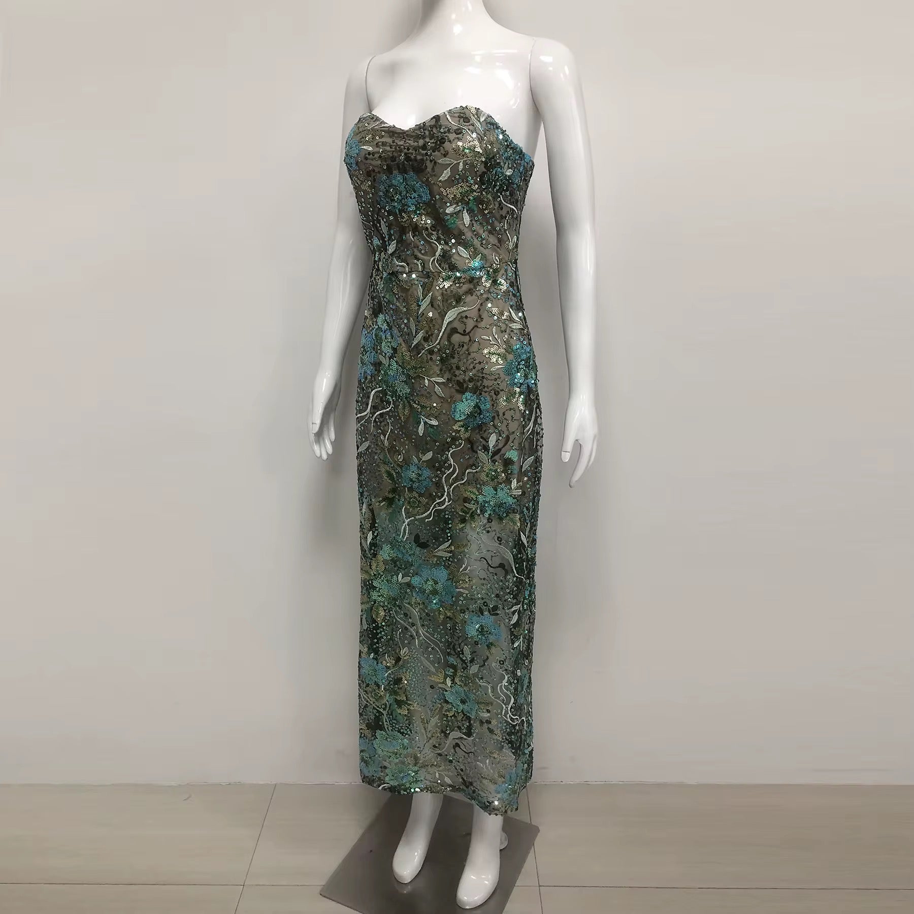 Green Floral Sequin Embroidery Maxi Evening Dress - Strapless Formal Gown