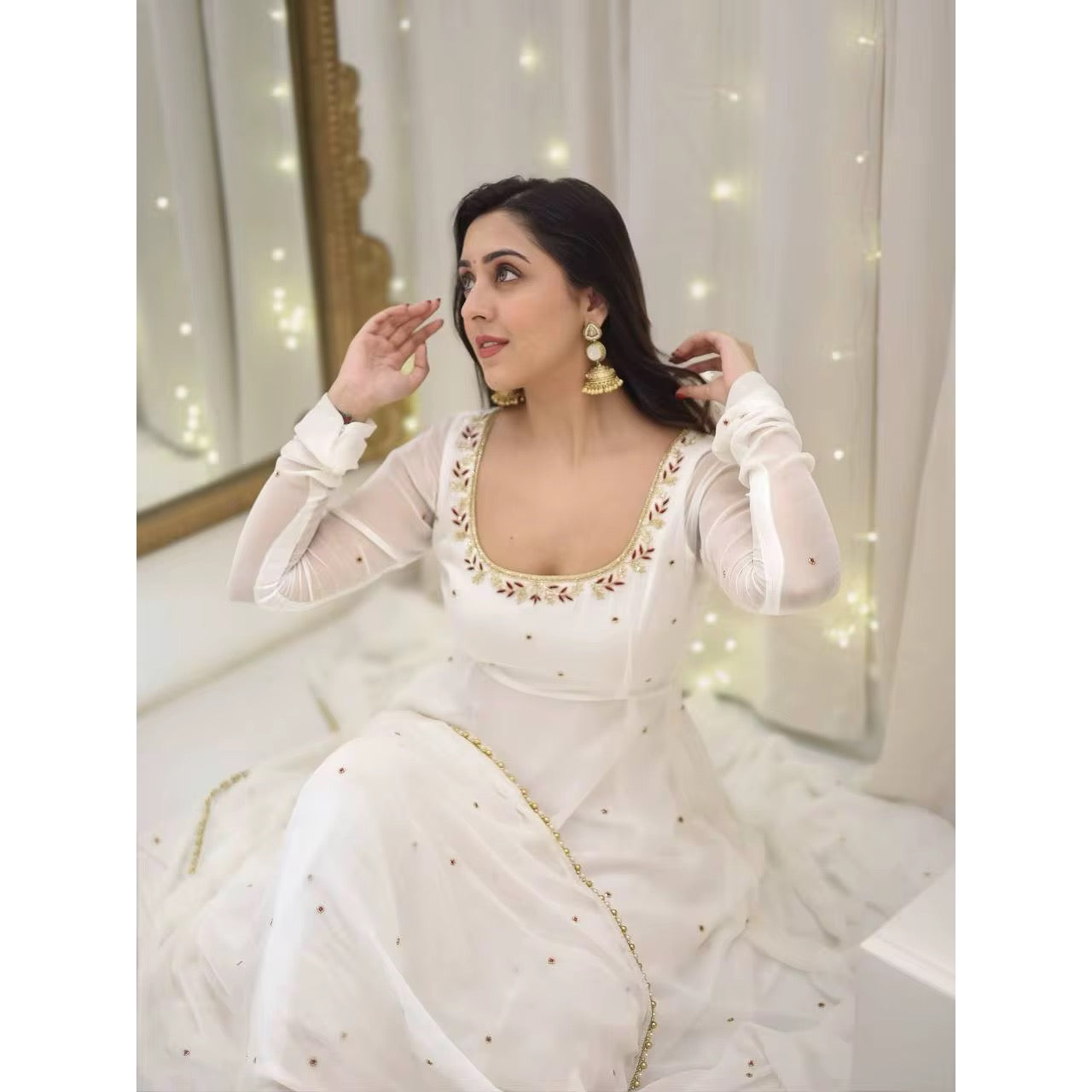 Embroidered Faux Georgette Party Gown with Dupatta Set