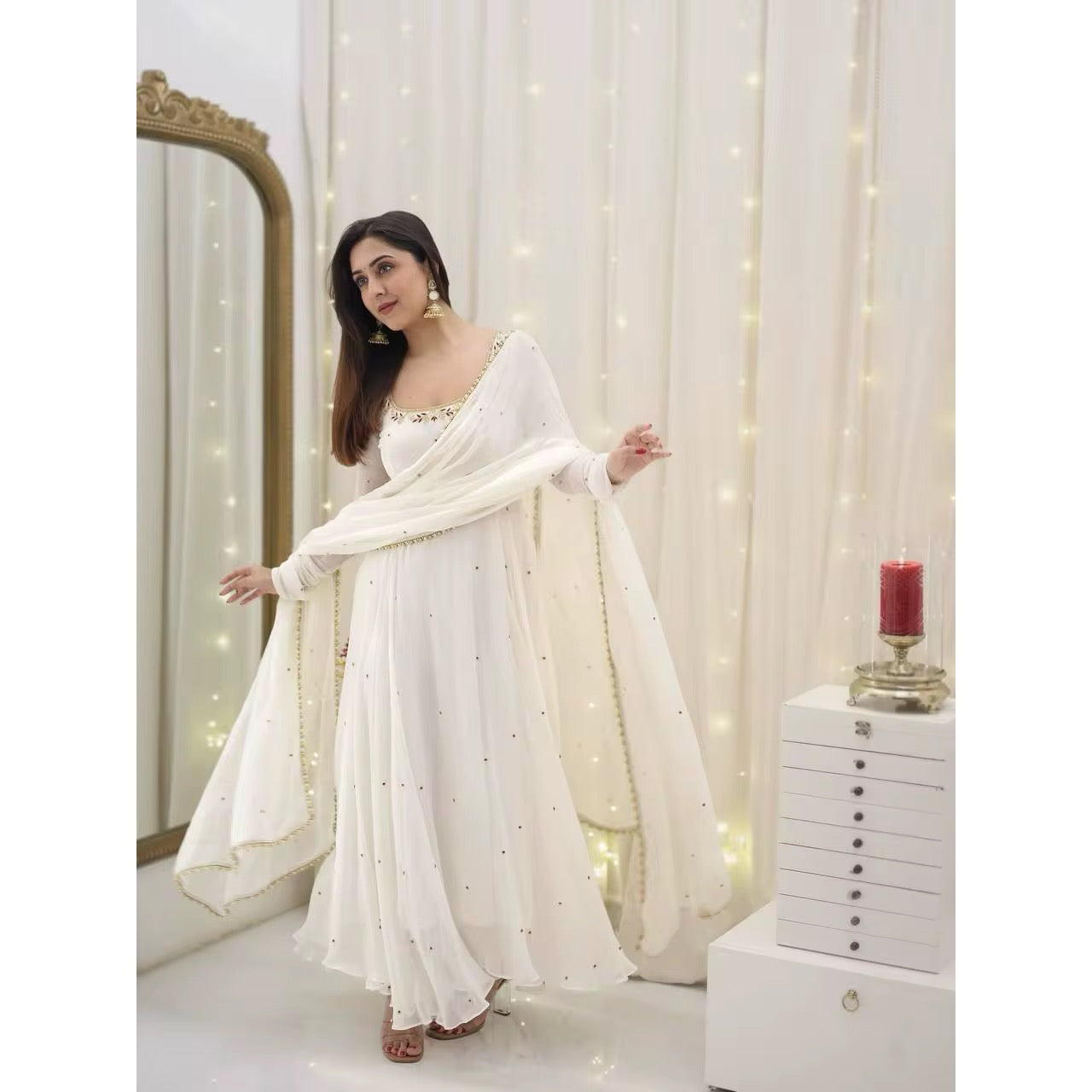 Embroidered Faux Georgette Party Gown with Dupatta Set