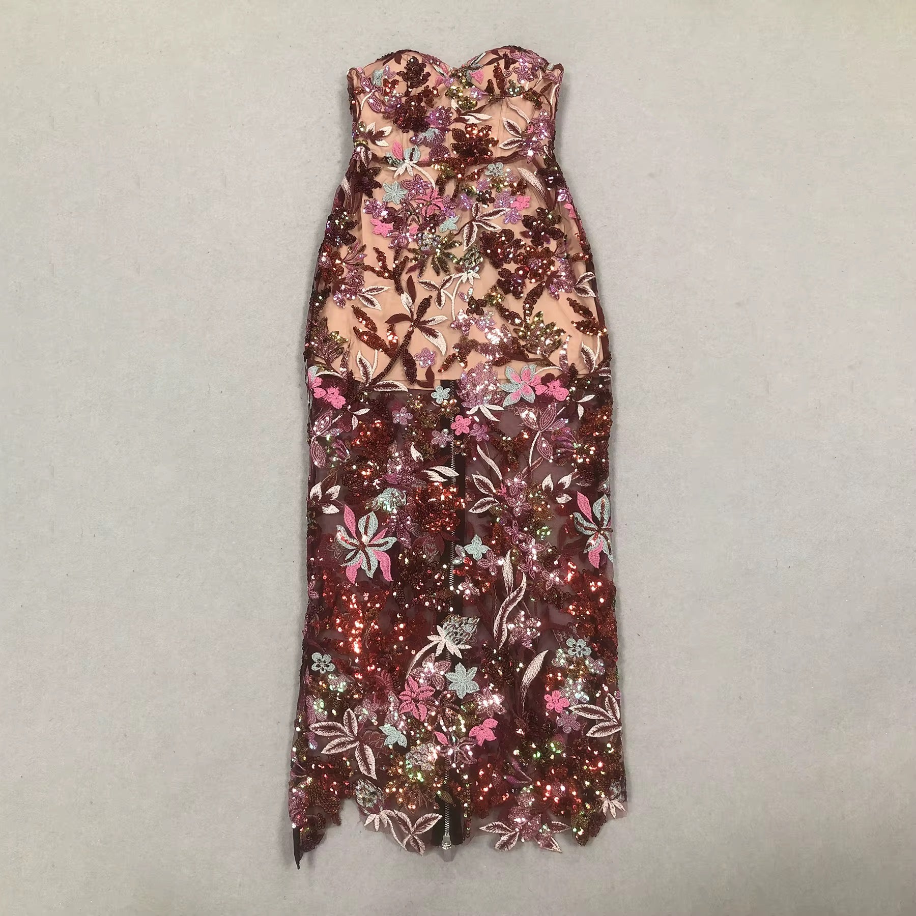 Luxe Floral Sequin Evening Dress - Embroidered Strapless Gown