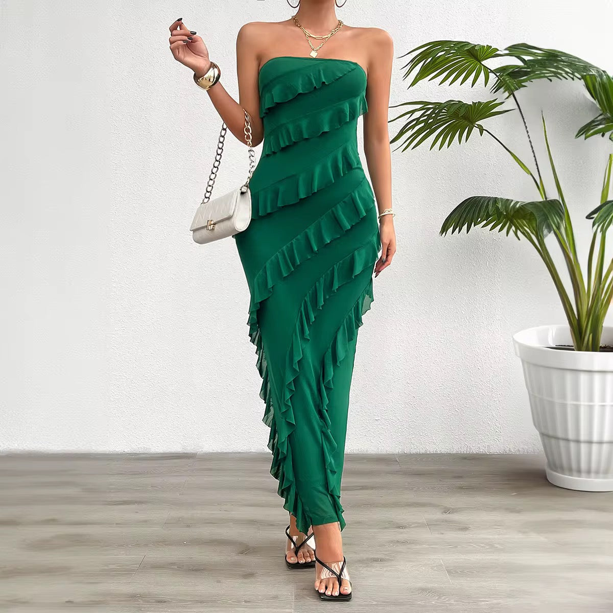 Women's Casual Strapless Bodycon Dress - Hollow-Out Floor-Length Summer Maxi Dress