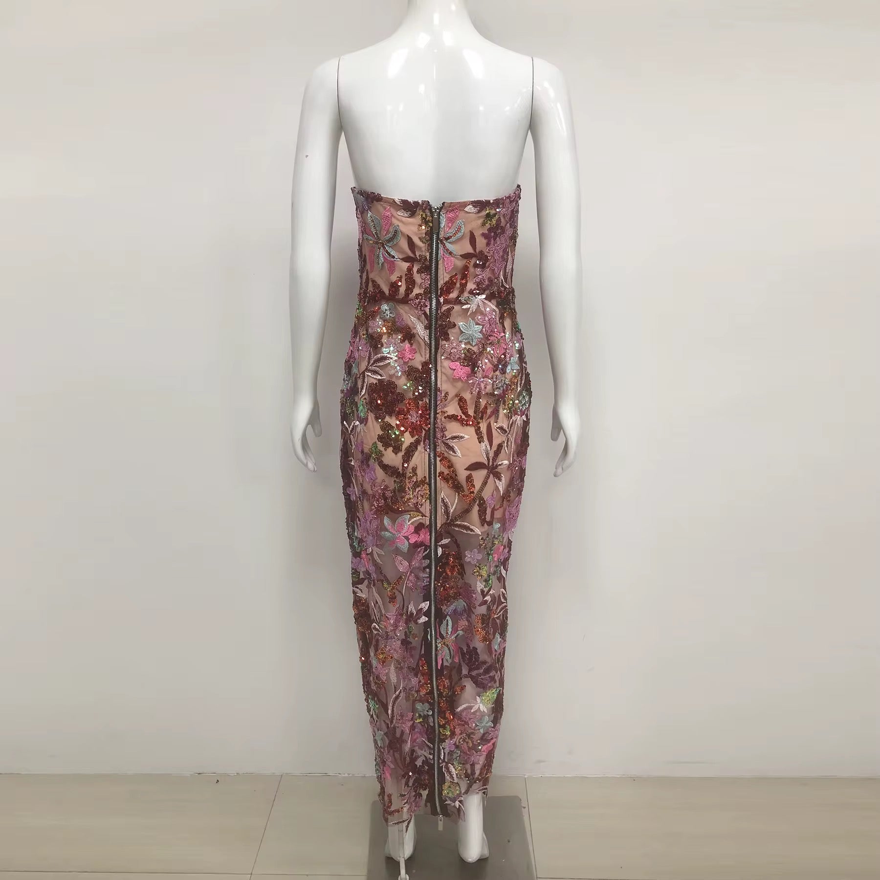 Luxe Floral Sequin Evening Dress - Embroidered Strapless Gown