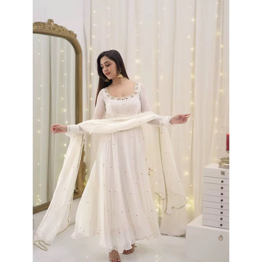 Embroidered Faux Georgette Party Gown with Dupatta Set