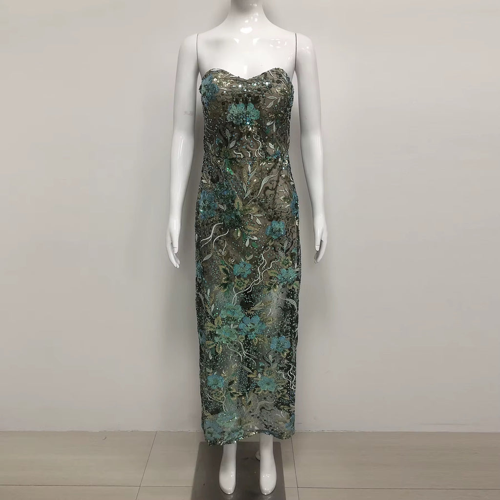 Green Floral Sequin Embroidery Maxi Evening Dress - Strapless Formal Gown
