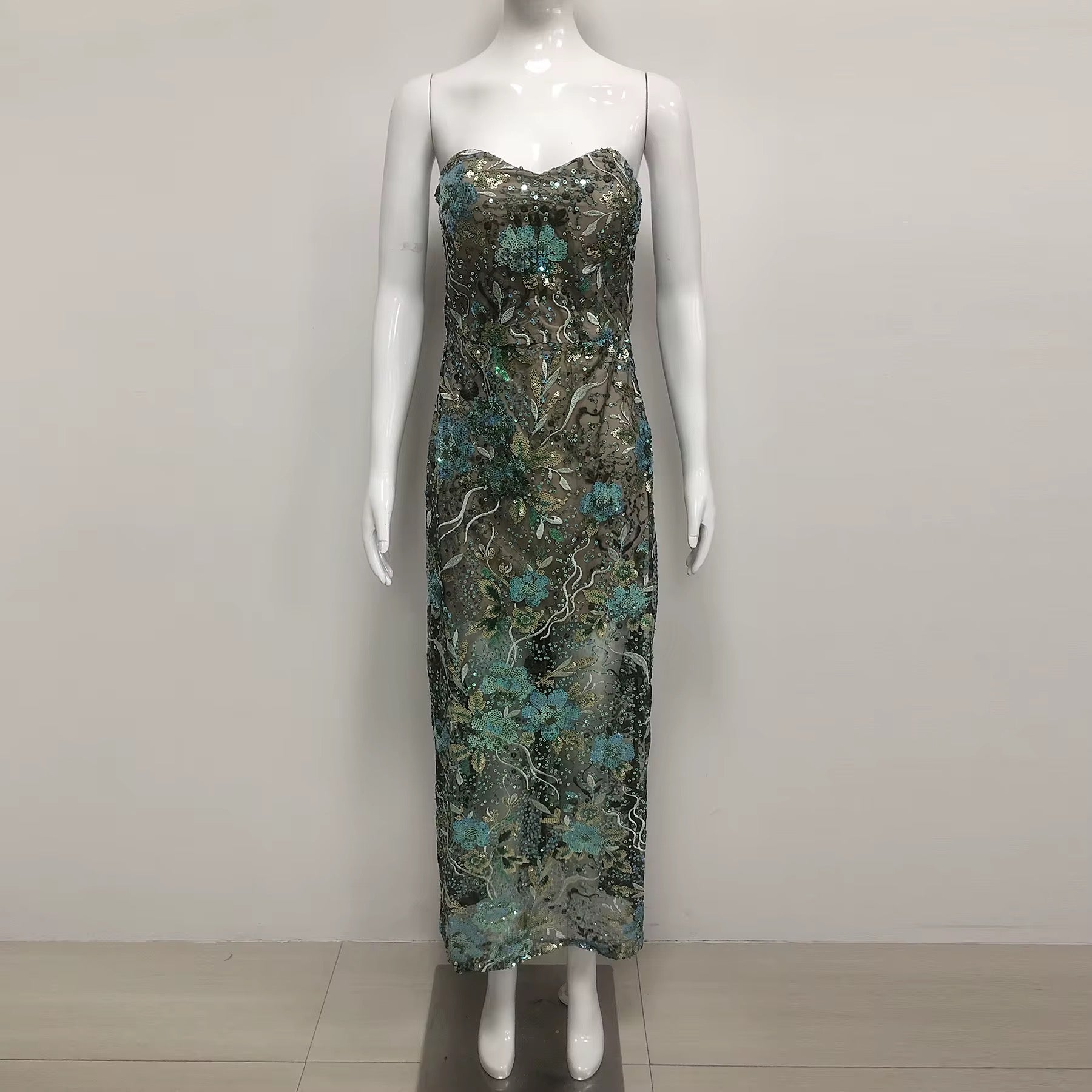 Green Floral Sequin Embroidery Maxi Evening Dress - Strapless Formal Gown