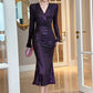 Women's Striped Sequined Mermaid Party Gown - Elegant V-Neck Long Sleeve Evening Dress