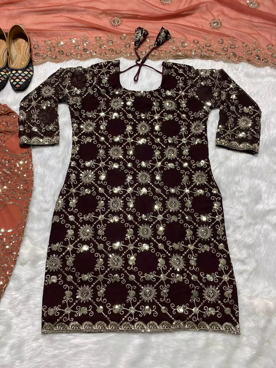 Heavy Embroidered Bollywood Salwar Kameez - Brown